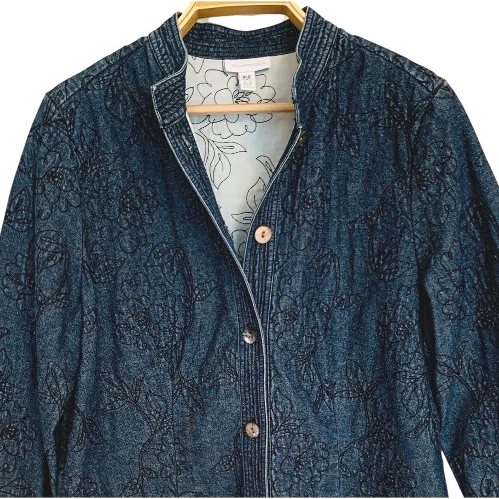 Charter Club Denim Jacket Embroidered Floral Coastal Prairie Cottagecore / SZ L